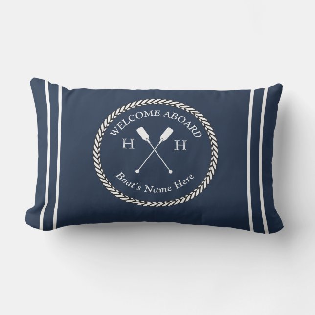 Nautical Boat Name Paddles Rope Navy Blue Welcome  Lumbar Cushion (Front)