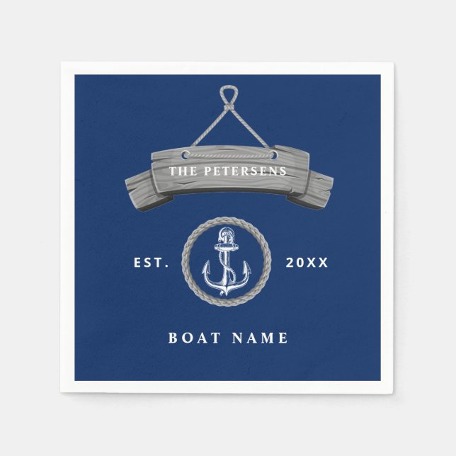 Nautical boat name personalised family navy blue napkin (Front)