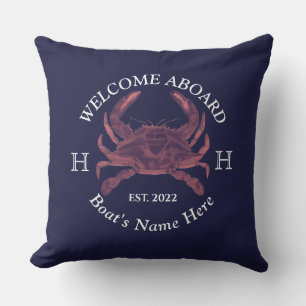 Nautical Boat Name Red Crab Welcome Navy Blue  Cushion