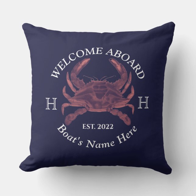 Nautical Boat Name Red Crab Welcome Navy Blue  Cushion (Front)