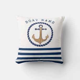 Nautical Boat Name,Retro Anchor Navy Blue Striped Cushion