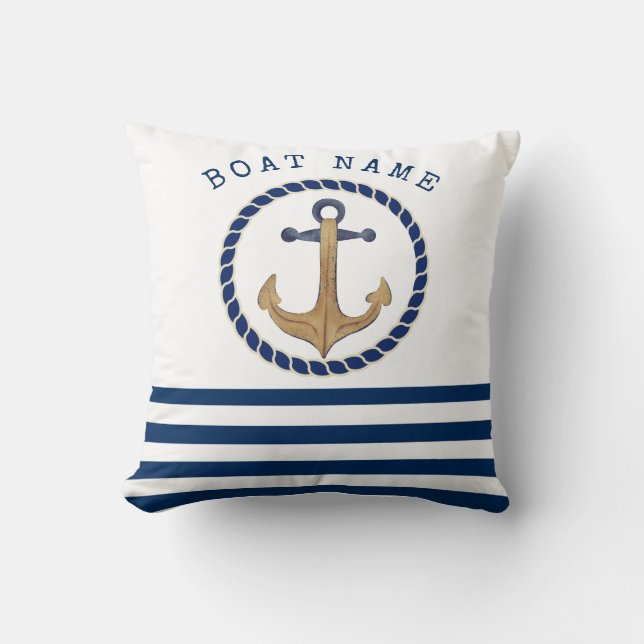 Nautical Boat Name,Retro Anchor Navy Blue Striped  Cushion (Front)