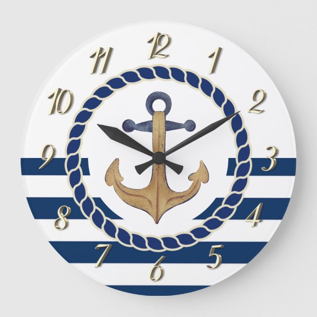 Nautical Boat Name,Retro Anchor Navy Blue Striped  Large Clock (Front)