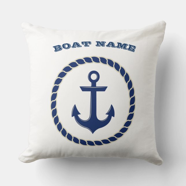 Nautical Boat Name,Rope,Anchor Navy Blue Striped Cushion (Front)