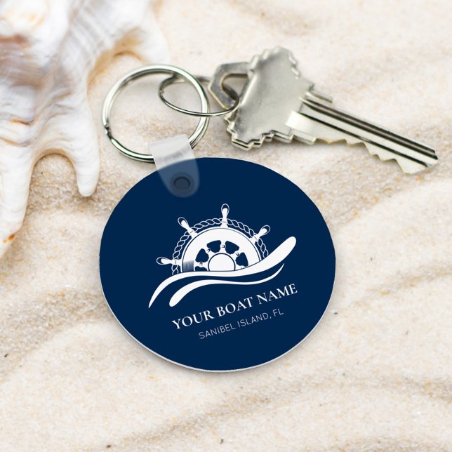 Nautical Boat Name Ship Wheel Navy Blue Key Ring (Creator Uploaded)
