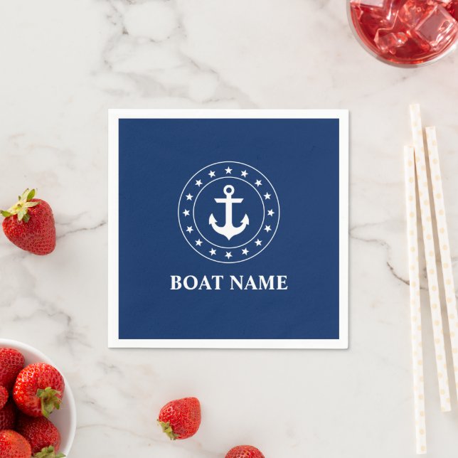 Nautical Boat Name Stars Anchor Navy Blue Napkins (Insitu)