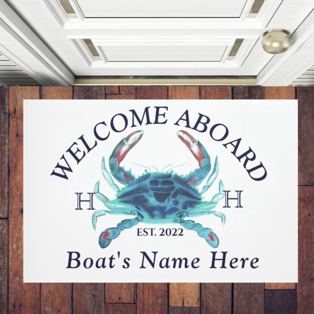 Nautical Boat Name Teal Crab Welcome Navy Blue  Doormat (Creator Uploaded)