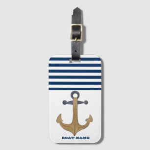 Nautical Boat Name,Vintage Anchor Navy Blue Stripe Luggage Tag
