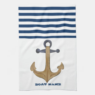 Nautical Boat Name,Vintage Anchor Navy Blue Stripe Tea Towel