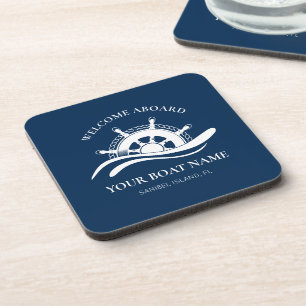 Nautical Boat Name Welcome Aboard Ship Wheel Coaster