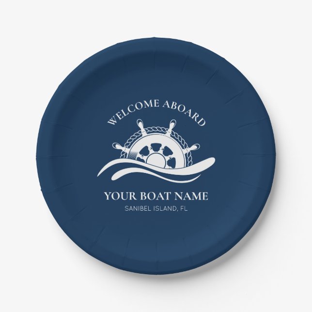Nautical Boat Name Welcome Aboard Ship Wheel Navy Paper Plate (Front)