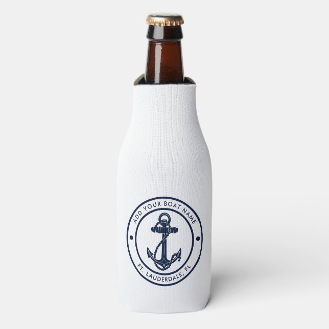 Nautical Boat Navy Blue Anchor Custom Bottle Cooler (Bottle Front)