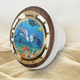 Nautical Boat Porthole Underwater Ocean Dolphin Ceramic Knob