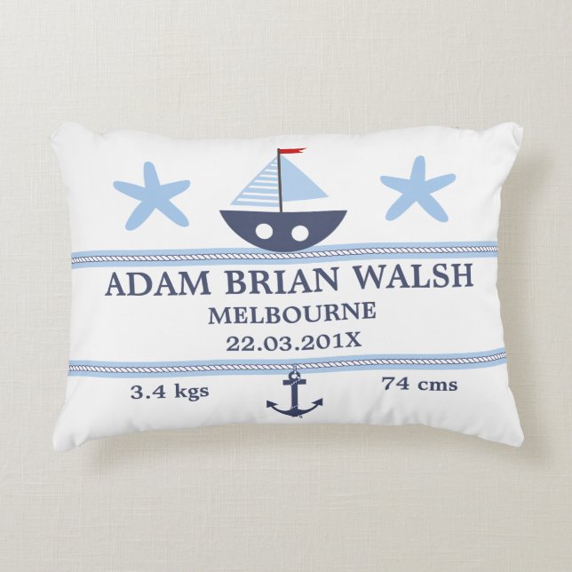 Nautical Boat Starfish Birth Announcement Cushion (Front)