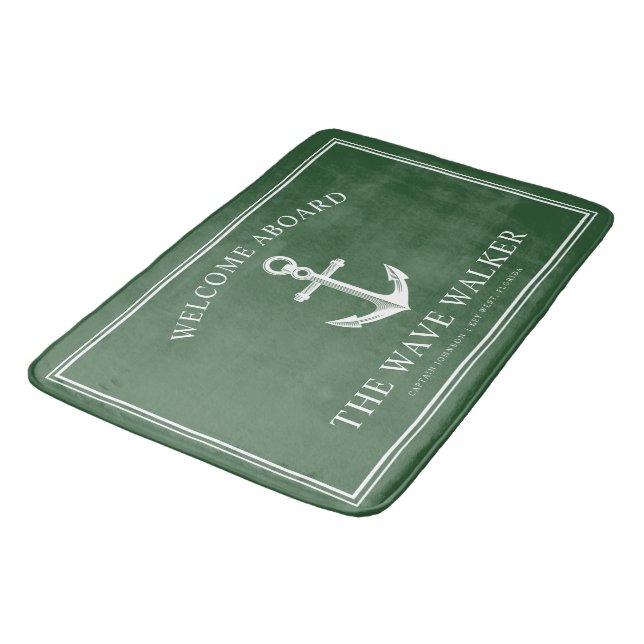 Nautical Boat Welcome | Hunter Green and White Bath Mat (Angled)
