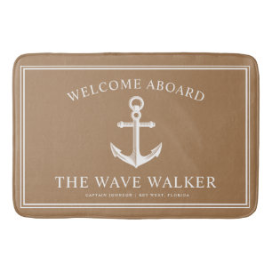 Nautical Boat Welcome   Khaki and White Bath Mat