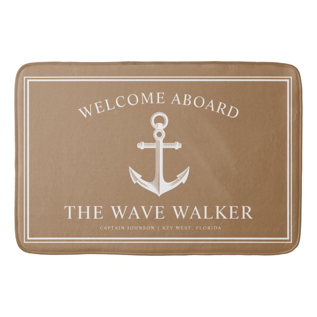 Nautical Boat Welcome | Khaki and White Bath Mat (Front)