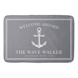 Nautical Boat Welcome   Slate Grey and White Bath Mat