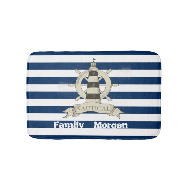 Nautical,Boat Wheel,Blue and White Stripes Bath Mat (Front)