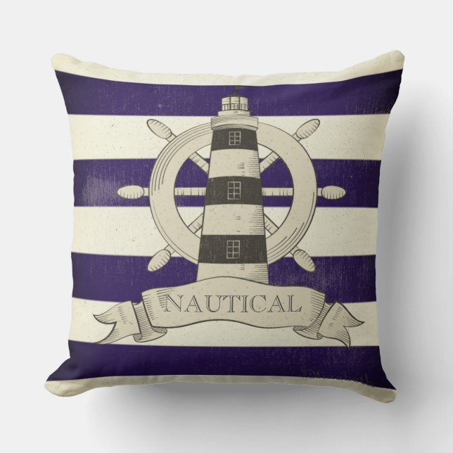 Nautical,Boat Wheel,Blue and White Stripes Cushion (Front)