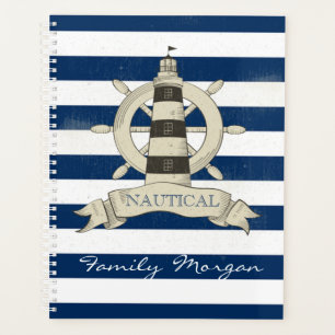 Nautical,Boat Wheel,Blue and White Stripes Planner