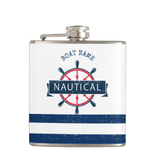 Nautical Boat Wheel, Navy Blue Striped Hip Flask