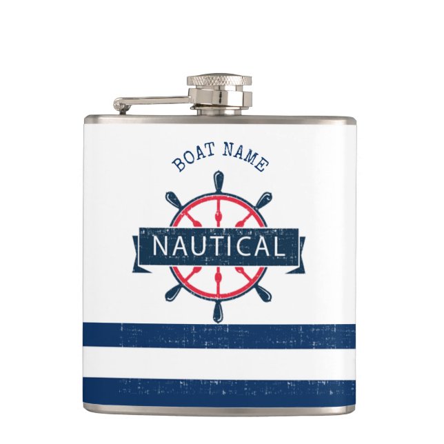Nautical Boat Wheel, Navy Blue Striped Hip Flask (Front)