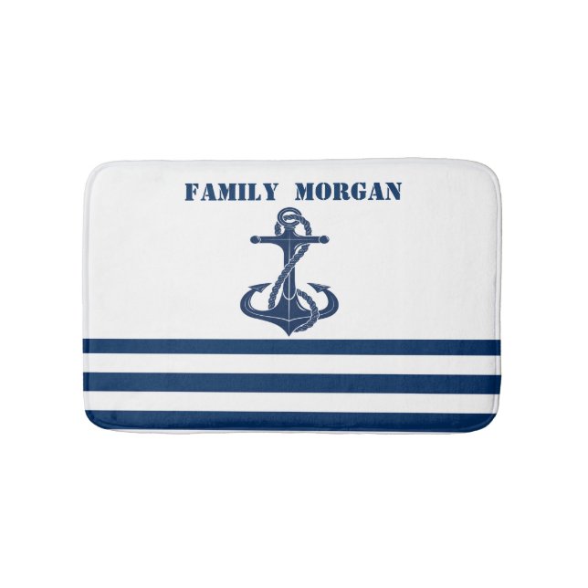 Nautical Boat Wheel, Navy Blue Stripes Bath Mat (Front)