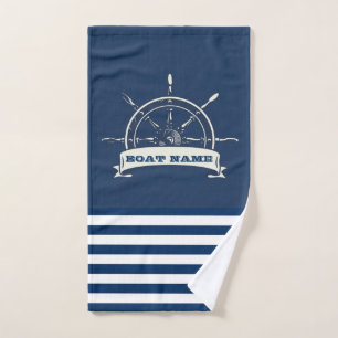 Nautical Boat Wheel, Navy Blue Stripes Bath Towel Set