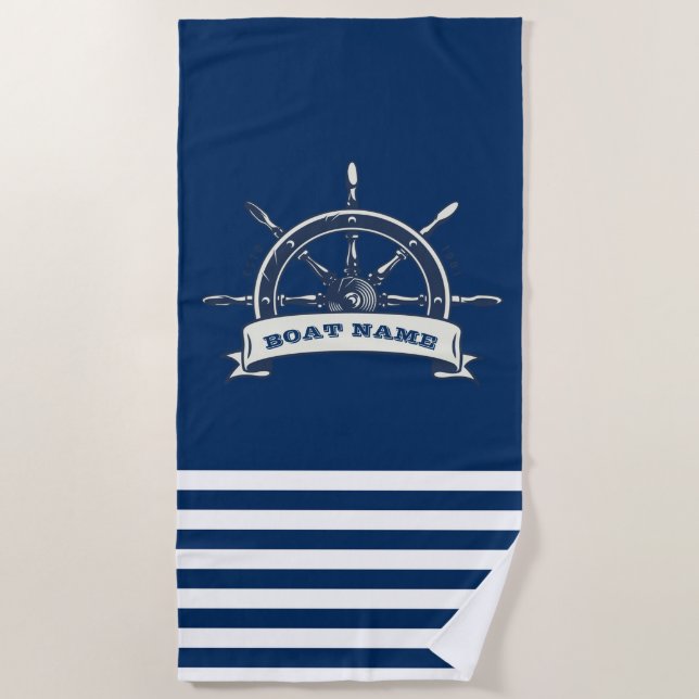 Nautical Boat Wheel, Navy Blue Stripes Beach Towel (Front)