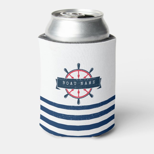 Nautical Boat Wheel, Navy Blue Stripes Can Cooler (Can Back)