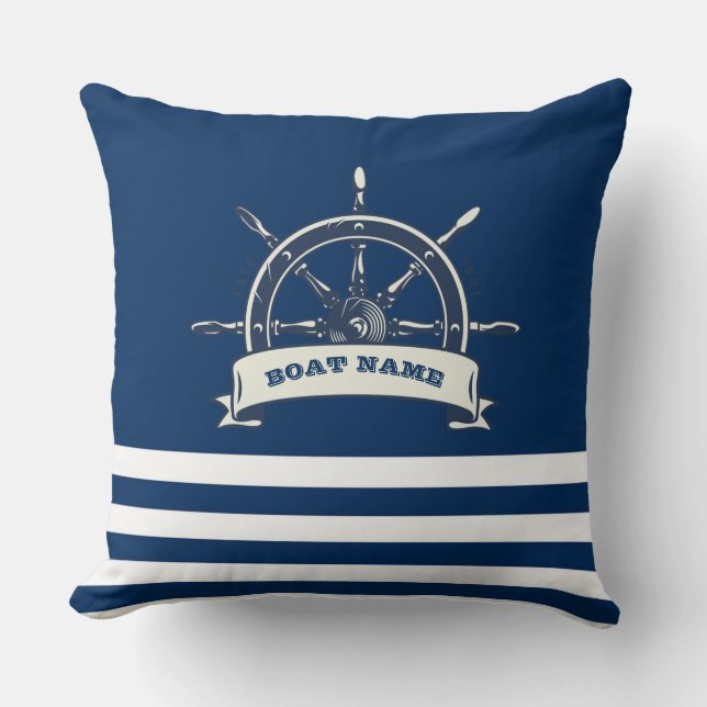 Nautical, Boat Wheel, Navy Blue Stripes Cushion (Front)