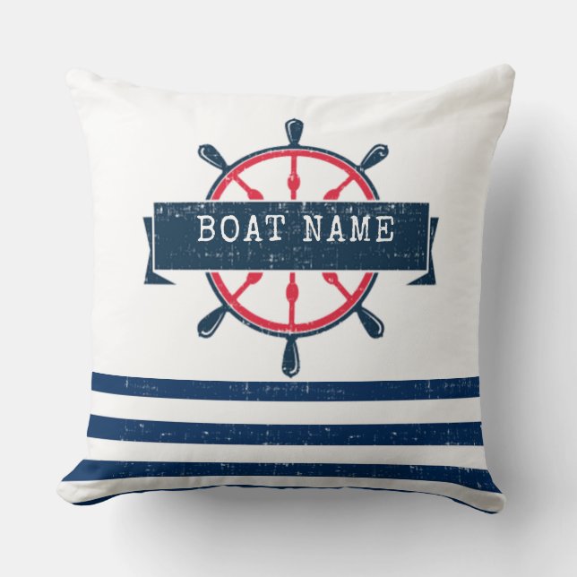Nautical Boat Wheel, Navy Blue Stripes Cushion (Front)
