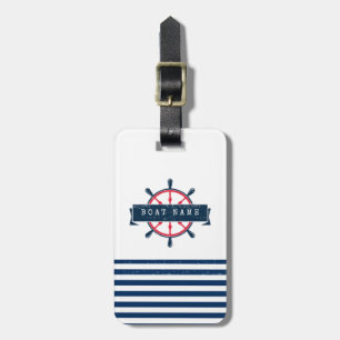 Nautical Boat Wheel, Navy Blue Stripes Luggage Tag