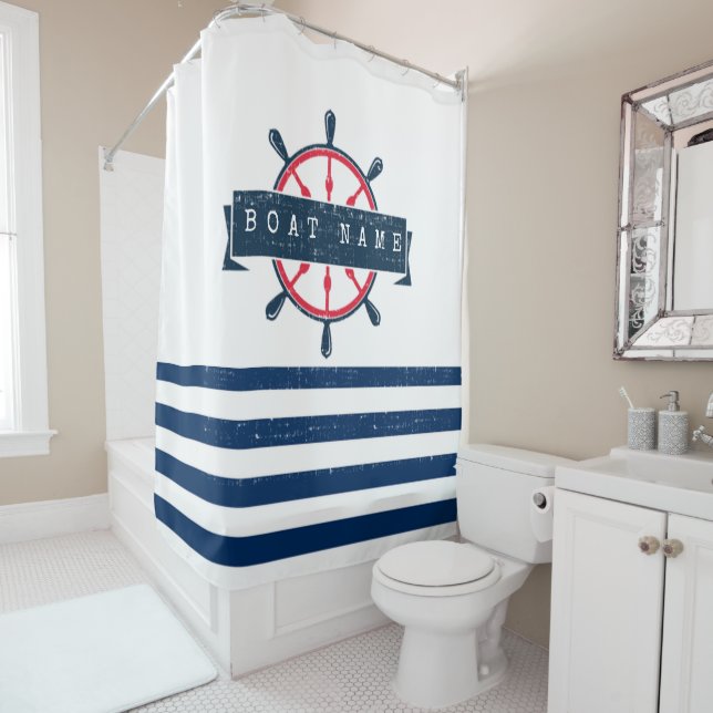 Nautical Boat Wheel, Navy Blue Stripes Shower Curtain (In Situ)