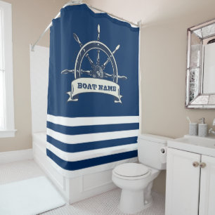 Nautical Boat Wheel, Navy Blue Stripes Shower Curtain