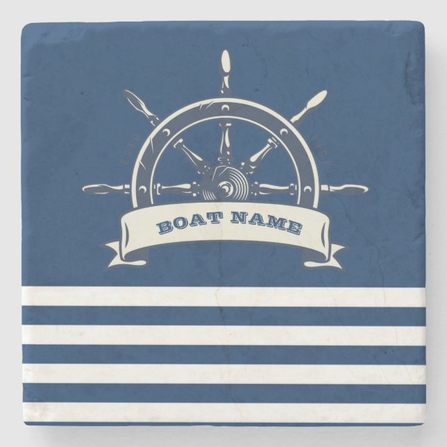 Nautical Boat Wheel, Navy Blue Stripes Stone Coaster (Front)