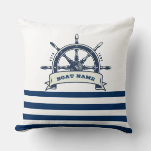 Nautical, Boat Wheel, Navy Blue White Stripes Cushion