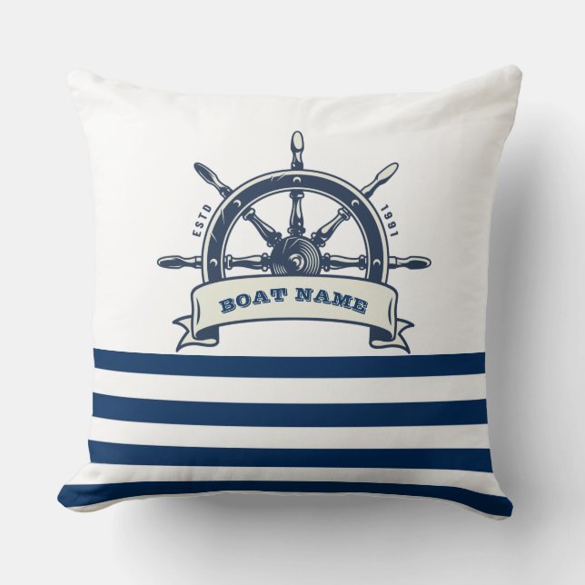 Nautical, Boat Wheel, Navy Blue White Stripes Cushion (Front)