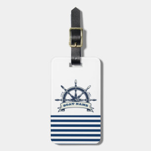 Nautical Boat Wheel, Navy Blue White Stripes Luggage Tag