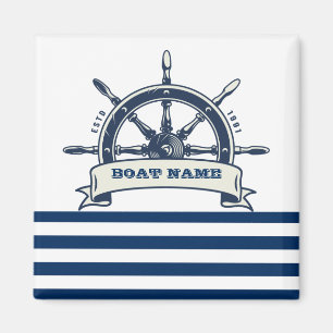 Nautical Boat Wheel, Navy Blue White Stripes Magnet