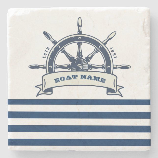 Nautical Boat Wheel, Navy Blue White Stripes Stone Coaster (Front)