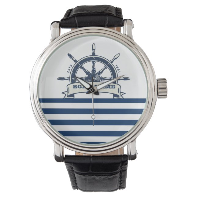 Nautical Boat Wheel, Navy Blue White Stripes  Watch (Front)
