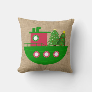 Nautical Boat with Christmas Trees Burlap Cushion