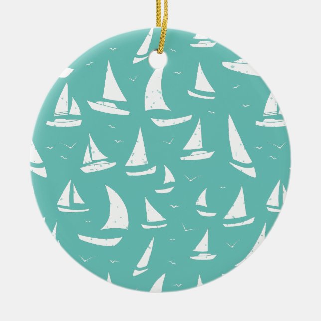 Nautical Boats Blue and White Personalized Ceramic Ornament (Front)