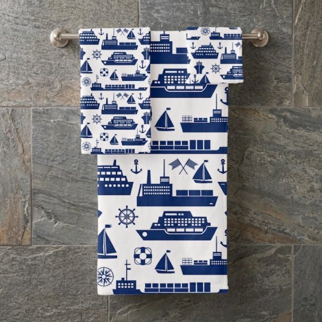 Nautical Boats Pattern Towel Set, White and Blue  (Creator Uploaded)