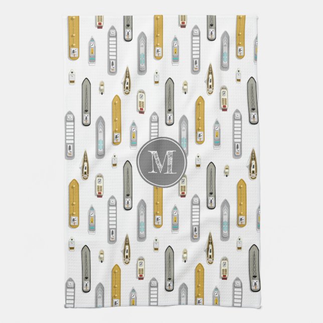 Nautical boats ships On the River white w monogram Tea Towel (Vertical)