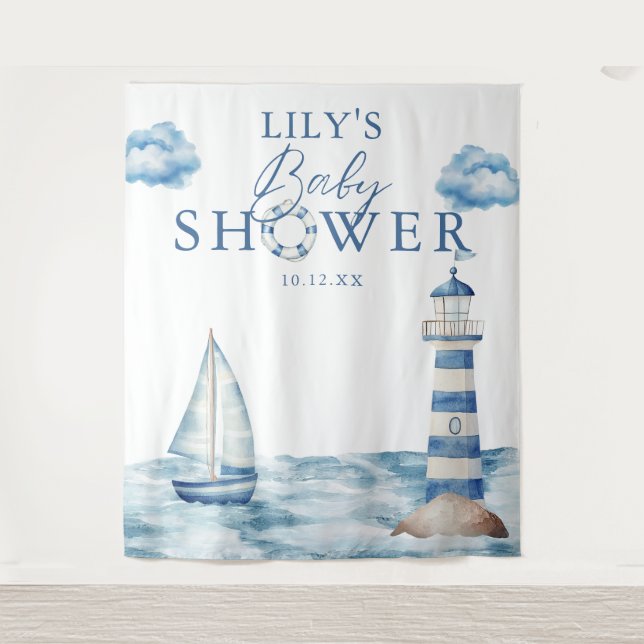 Nautical Boy Baby Shower Photo Backdrop Tapestry (Front)