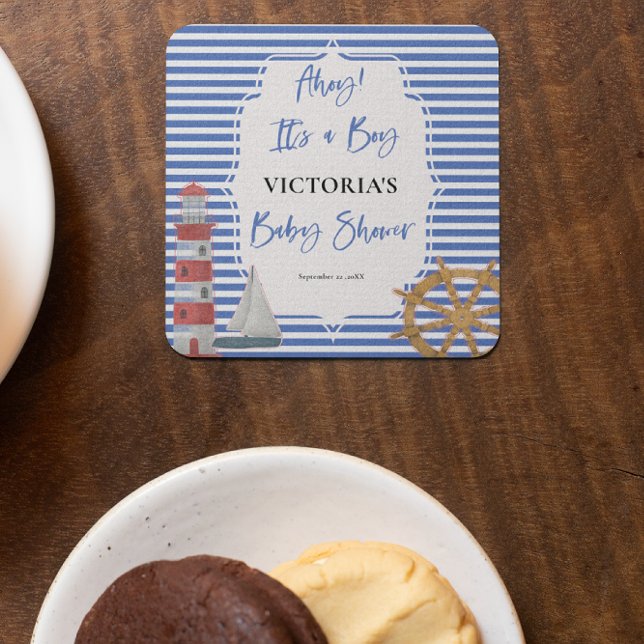 Nautical Boy Baby Shower Square Paper Coaster (Creator Uploaded)