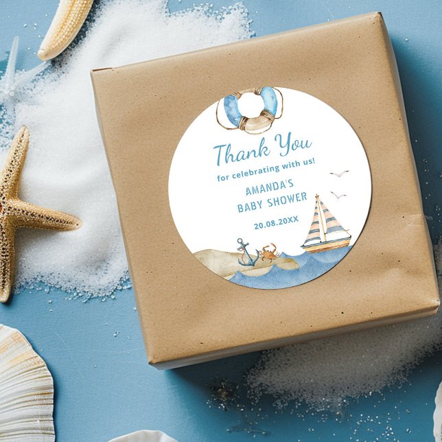 Nautical Boy Baby Shower Thank You Classic Round Sticker (Creator Uploaded)